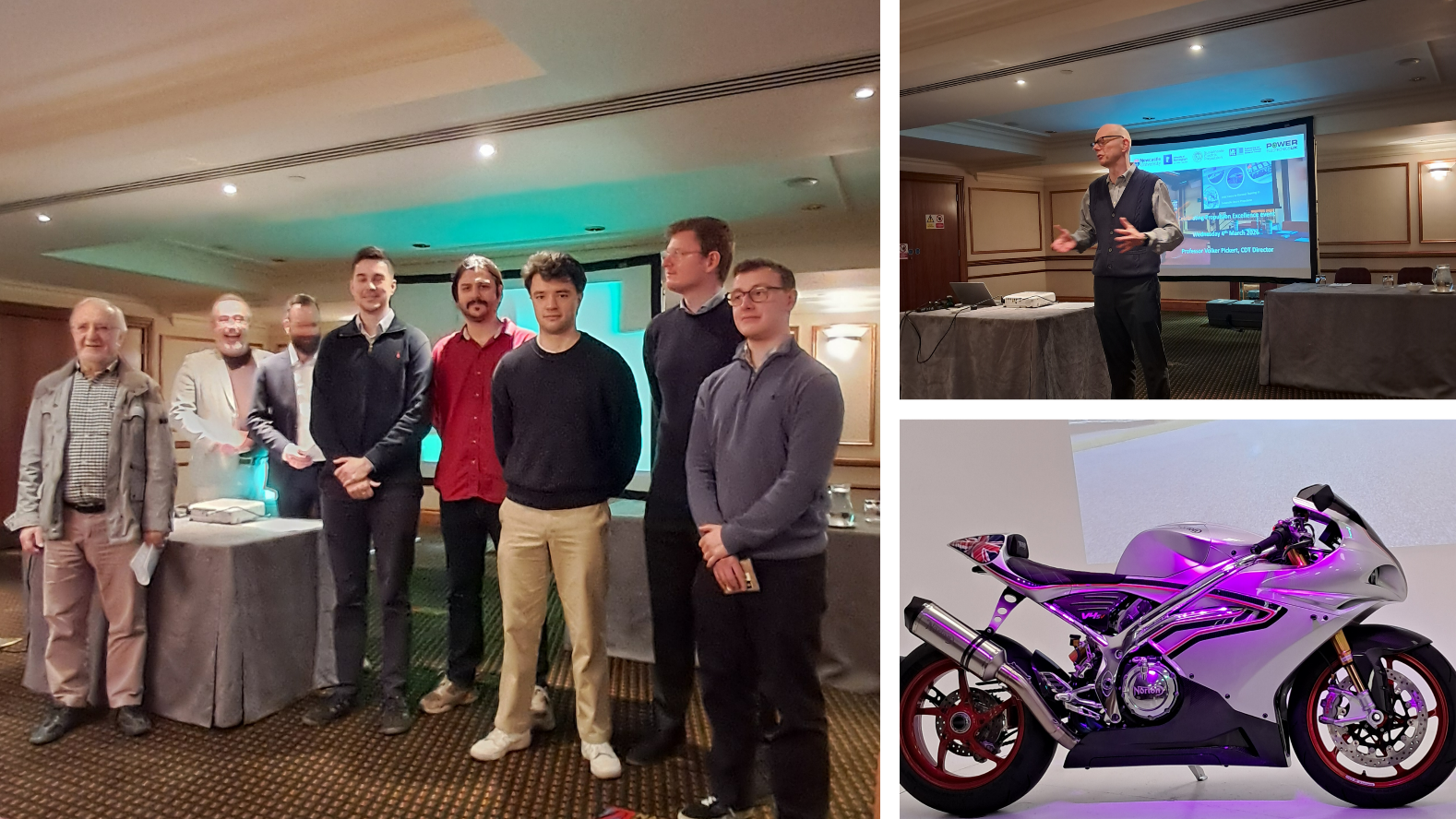 Group of students, man presenting, motorbike